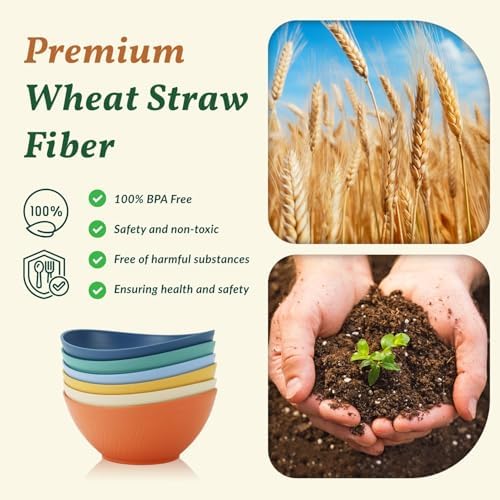 Homienly 60oz Wheat Straw Bowls Set of 6 Salad Bowls Large Popcorn Bowl Unbreakable Serving Bowls Microwave & Dishwasher Safe Bowl Set Centerpiece Bowls for Kitchen, Party, Decor, Camping (Multi)