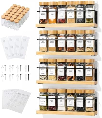 4-Tier Wall Mount Spice Rack Organizer with 24 Glass Jars, 216 Labels & Funnel - Screw/Adhesive Mount, Black Metal & Bamboo Spice Storage for Kitchen Pantry Cabinet, 11.6”W x 2.4”D x 3.2”H