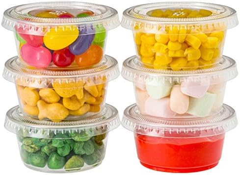 DuraHome Plastic Portion Cups with Lids 2 oz. Pack of 150 Leakproof Jello Shot Cup Mini Containers for Salad Dressing Sauce Condiment Snack Souffle and Salsa, Disposable