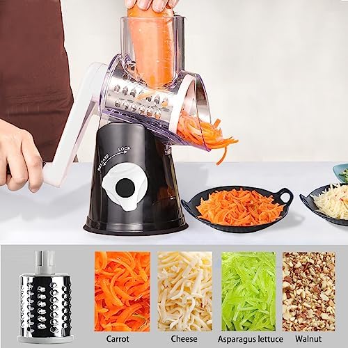 Handheld Rotary Cheese Grater Shredder- 3 Interchangeable Stainless Steel Drum Blades Manual Round Mandolin Vegetable Slicer Nut Grinder with Upgraded Strong Suction Base & Free Sharp Peeler, Black