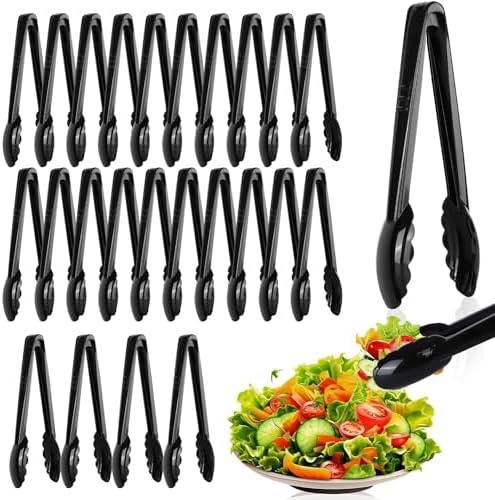 Mwellewm 24 Pc Plastic Tongs for Serving 9 Inch Bulk Reusable or Disposable Tongs Heavy Duty Hard Serving Utensils Set Large Salad Tong for Kitchen Party Food Buffet Appetizer BBQ Event Catering Black