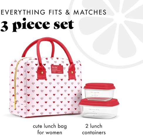 Fit & Fresh Lunch Bag For Women, Insulated Womens Lunch Bag For Work, Leakproof & Stain-Resistant Large Lunch Box For Women With Containers, Zipper Closure Bloomington Lunch Bag, Hearts