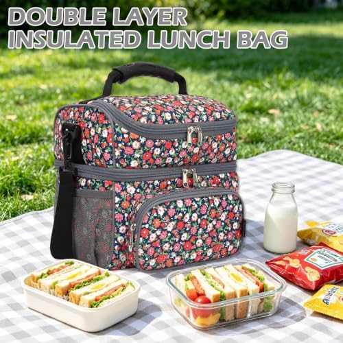FlowFly Double Layer Cooler Insulated Lunch Bag Adult Lunch Box Large Tote Bag for Men, Women, With Adjustable Strap,Front Pocket and Dual Large Mesh Side Pockets