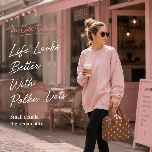 LOVELYWIND Lunch Box for Women,Insulated Lunch Bag Brown & Blue Polka Dots