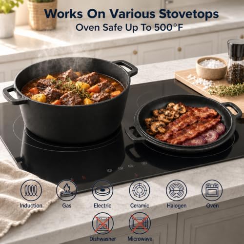 TeamFar 5qt Dutch Oven, Pre-seasoned Cast Iron for Bread Baking, Black