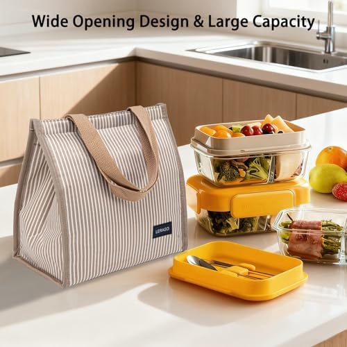 Insulated Lunch Bag for Work, 10.2"x5.9"x10.2" Oxford Waterproof Lunch Tote, Thermal Lunch Box for Office, Picnic & Outdoor, Gold and White Striped Canvas Tote Bag