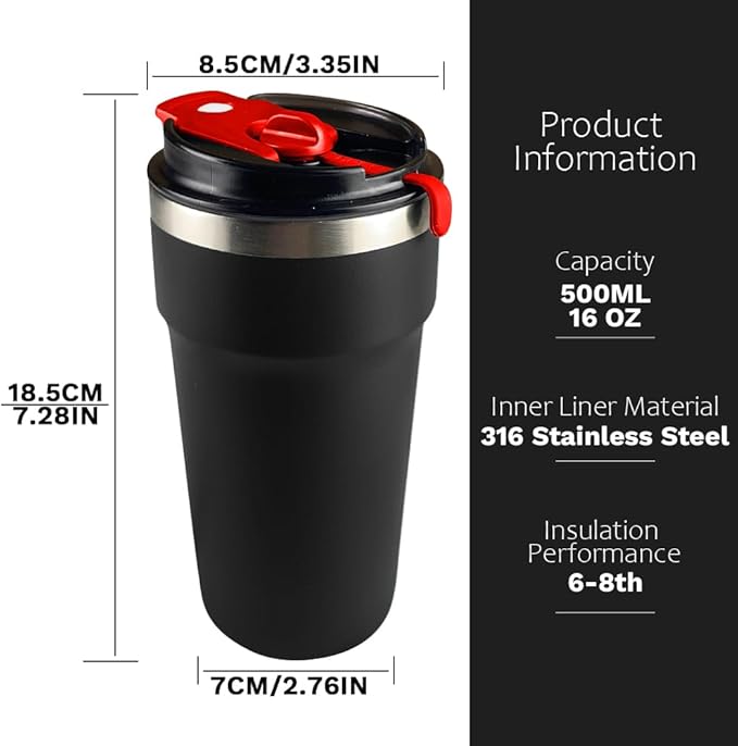 Travel Coffee Mugs Leak-Proof, Reusable Coffee Cups with Lids, Stainless Steel Vacuum Insulated Coffee Tumblers, Thermal Insulation Cups for Men and Women Hot & Cold Drinks(4th-Black, 16OZ)