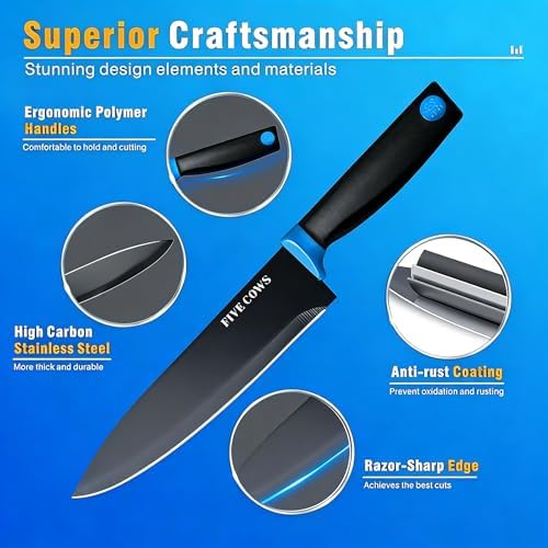 14 Pcs Kitchen Knife Block Set with Sharpener German High Carbon Stainless Steel Chef Knives, Razor-Sharp & Durable, Lightweight Anti-Slip Handle, Professional Set for Home & Kitchen (Blue)