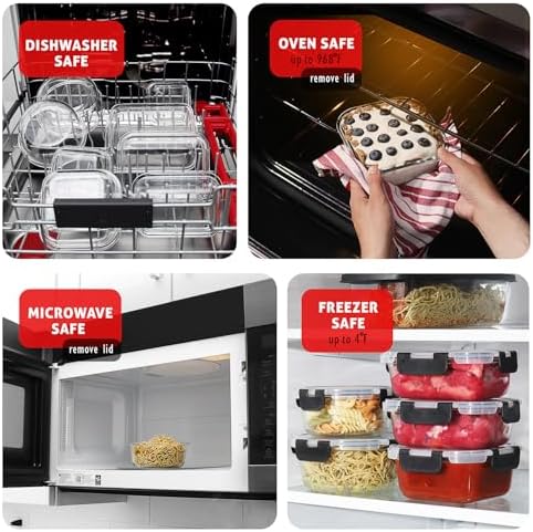 EATEX 32pc Glass Food Storage Containers with Lids, Airtight Glass Meal Prep, 16 Reusable Food Containers with 16 Leakproof Snap Lock Lids Oven Microwave Freezer Safe Lunch Containers