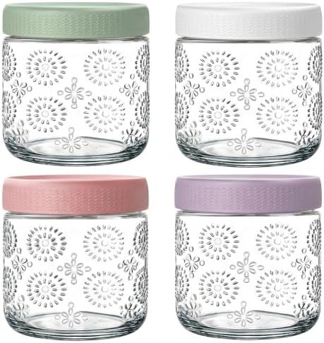 4 pack 16 oz Overnight Oats Containers with Lids, Glass Food Storage Container, Airtight Salad Jars, Mason Jars for Overnight Oats, Yogurt, Oatmeal, Salad, Coffee, Spices