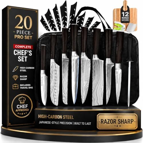 Japanese Kitchen Knife Set with Bag, 20-Piece Professional Chef Knife Set, High Carbon Stainless Steel Knives, Travel Case and Cutting Board, Complete Cooking Set