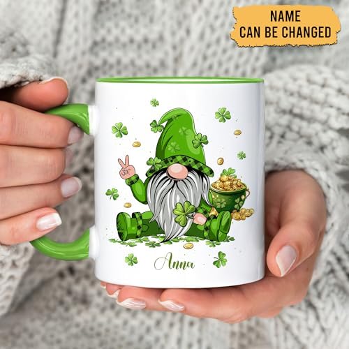 Hyturtle Personalized Gnome Mug - Cute Gnome Gift For Women - Lucky Gift For Gnome Lover - Gnome St. Patricks Day Decorations - Gnome Gifts - Custom Name Coffee Cup Ceramic Mug 11oz 15oz