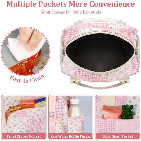 WOBAGMEN Quilted Lunch Box for Women, Insulated Lunch Bag for Adult,Cute Lunch Tote Bags for Work Picnic Travel (Pink Patchwork, M)