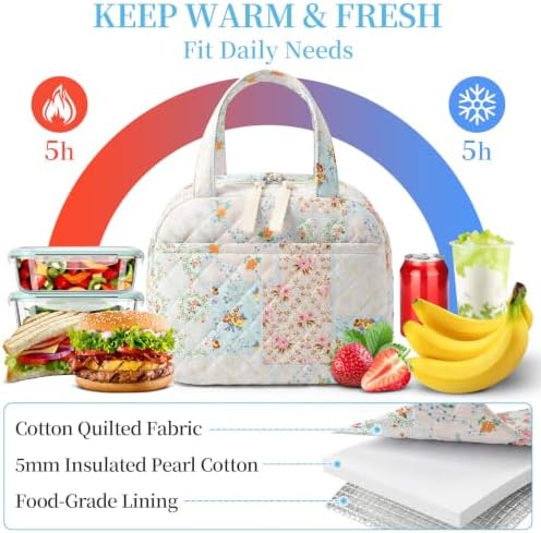 WOBAGMEN Quilted Lunch Box for Women,Coquette Aesthetic Lunch Box for Teen Girls,Cute Floral Lunch Bags for Work, School,Office,Picnic,Travel (coloful floral)