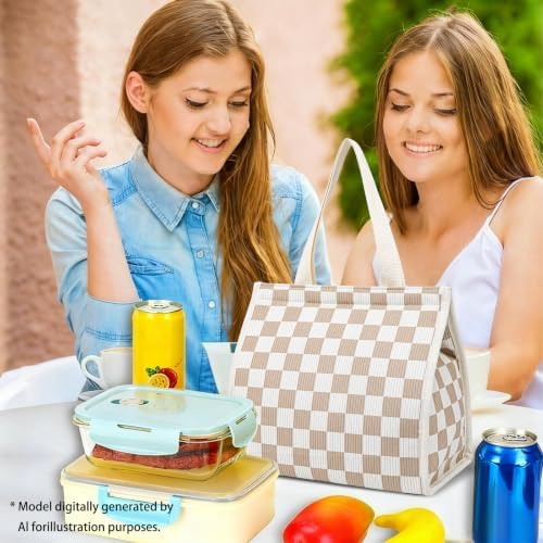 Insulated Lunch Bag for Work, 10.2"x5.9"x10.2" Oxford Waterproof Lunch Tote, Thermal Lunch Box for Office, Picnic & Outdoor, Striped Canvas Tote Bag -Check Brown