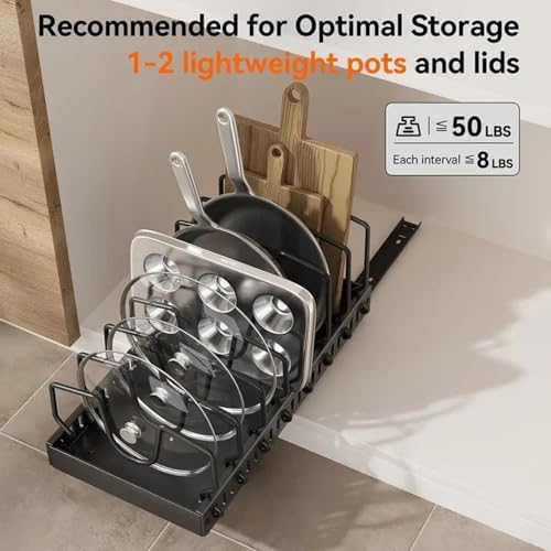 AmoiChic 2 Pack Pull Out Cabinet Organizer for Pots and Pans, Black Storage Rack with 8 Adjustable Dividers, Kitchen Cabinet Organizer for Pot Lids, Bakeware, Dishes Storage