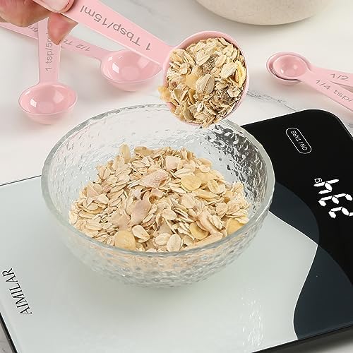 Stainless Steel Measuring Spoons Set of 5, Metal Measuring Cups and Spoons Set for Liquid/Food/Kitchen/Baking (Pink)