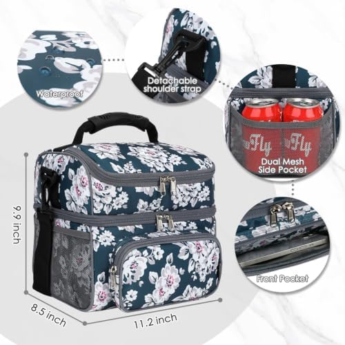 FlowFly Double Layer Cooler Insulated Lunch Bag Adult Lunch Box Large Tote Bag for Men, Women, With Adjustable Strap,Front Pocket and Dual Large Mesh Side Pockets