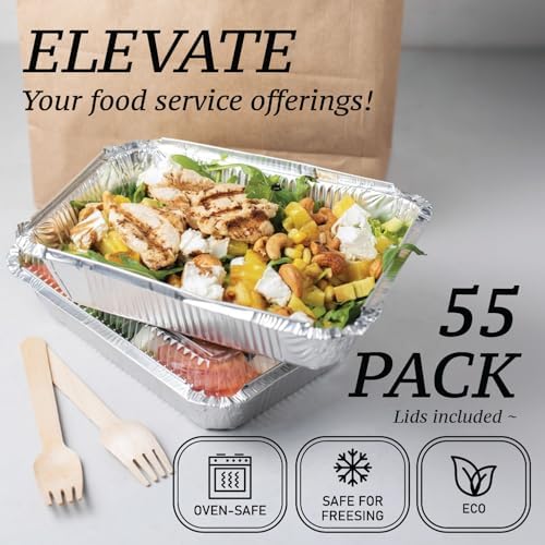 (55 Count) 2.25LB Aluminum Containers with Lids (8.5"x6") - Disposable Foil Container for Takeout, Baking, Freezing, Food Storage - Aluminum Pans with Lids, To Go Containers