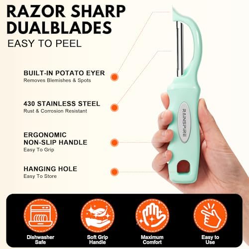 Rainspire Vegetable Peeler Potato Peelers for Kitchen, Sharp Stainless Steel Blades Veggie, Comfortable Handle Fruit Peeler, Carrot Peeler Apple Peeler Dishwasher Safe, Mint Green, 2-Pack