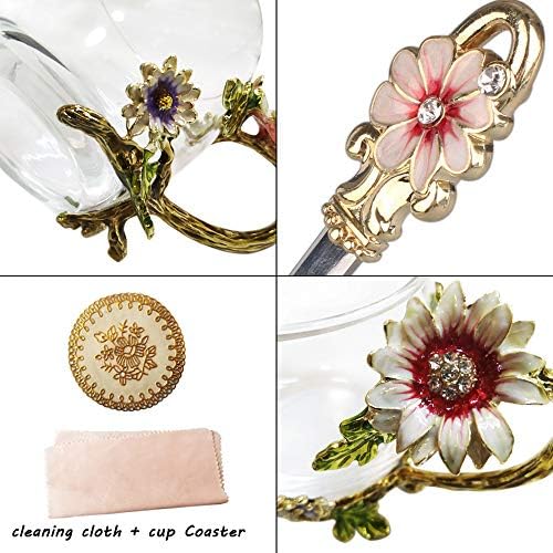 Enamel Sunflower Crystal Lead-Free Glass Tea Cup with Spoon Set, Present for The Christmas, Valentine's Day.Best Present for Mother, Grandma, Girlfriend, Sister.