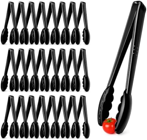 24 Pack Plastic Serving Tongs, 9 Inch Black Heavy Duty Buffet Tongs
