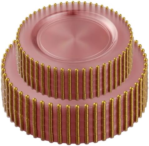 PLASTICPRO 128 Piece Combo Plastic Dinner Plates Disposable Plastic Fancy Heavy Duty Party Dishes 7 inch and 10 inch, Translucent Rose and Gold Beaded