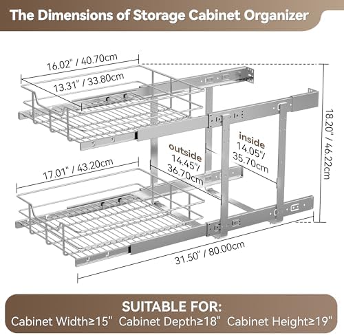 2 Tier Pull Out Cabinet Organizer 15" W X 17" D, Chromed, Full Slide Out