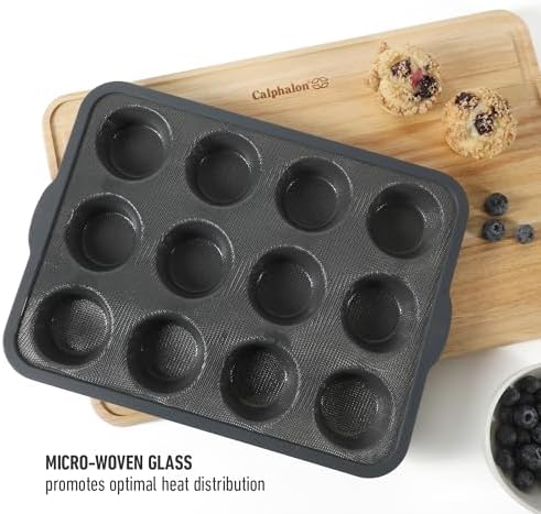Calphalon Omni 12-Cup Muffin & Cupcake Pan with GlassFlex Technology, Flexible Silicone & Micro-Woven Glass Core for Ultra Airflow Baking, Grey