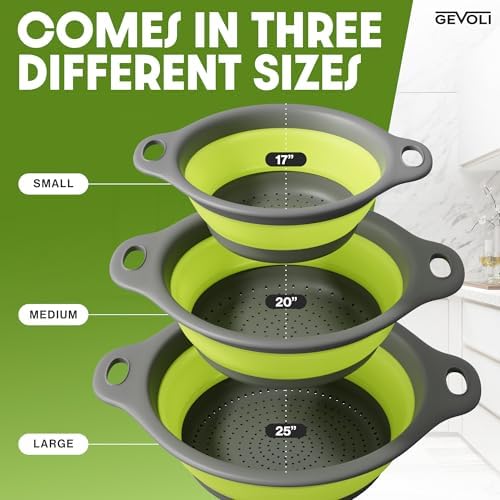 Gevoli 3-Pack Collapsible Colanders with Self-Draining Base, Over Sink-edge Silicone Food Strainers, Small/Med/Large Sizes, Nesting for Easy Compact Storage (3Qt, 4Qt, 5-Quart Set) Green/Gray