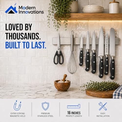Modern Innovations 16 Inch Stainless Steel Magnetic Knife Bar with Multi-Purpose Functionality as a Knife Holder, Knife Strip, Magnetic Tool Organizer, Art Supply Organizer & Home Organizer