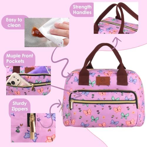 Insulated Lunch box for Women,Leakproof Quilted Thermal Lunch Bag, 14L Large Capacity Lunch Tote Bag Lightweight LunchBox Cooler for Work, School, Picnic or Travel with 2 Front Pocket-Butterfly