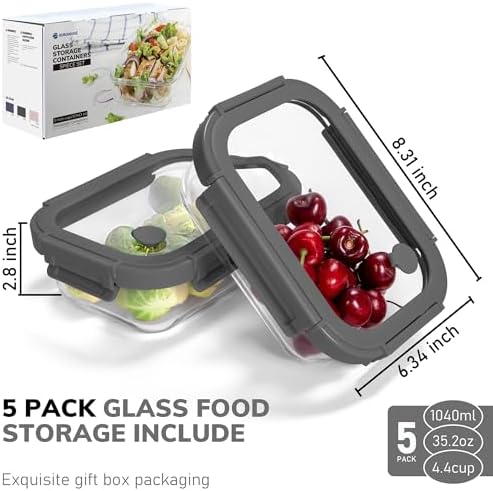 5-Pack Borosilicate Glass Containers with Tempered Glass Lids, 35.2oz/4.4 Cup Airtight Meal Prep Set, Microwave/Freezer Safe (Gray)
