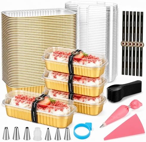 YQER 100 Pack Gold Mini Cake Pans with Lids and Spoons, 6.8 oz Disposable Aluminum Foil Mini Loaf Pans Cake Tins with Stickers and Reusable Decorating Set for Wedding Desserts, Parties and Gifts