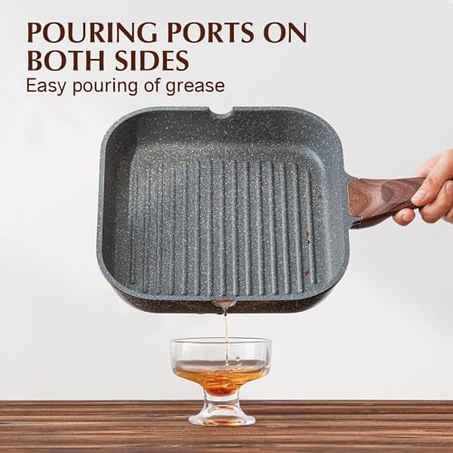 SENSARTE Nonstick Grill Pan with Lid, Grill Pan for Stove Tops, Versatile Griddle Pan with Pour Spouts, Square Grill Pan for Big Cooking Surface, Grill Skillet for Indoor Outdoor Grilling. PFOA Free