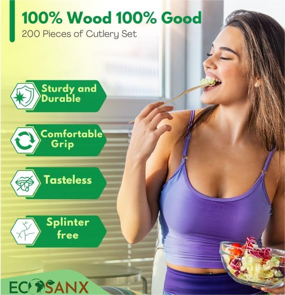 ECOSANX® 200 PCs Disposable Wooden Cutlery set 6.3" Splinter Free Compostable Utensils for party, Eco-Friendly, 100% All-Natural Bamboo Utensils set for picnic, Bamboo cutlery set for Events & More