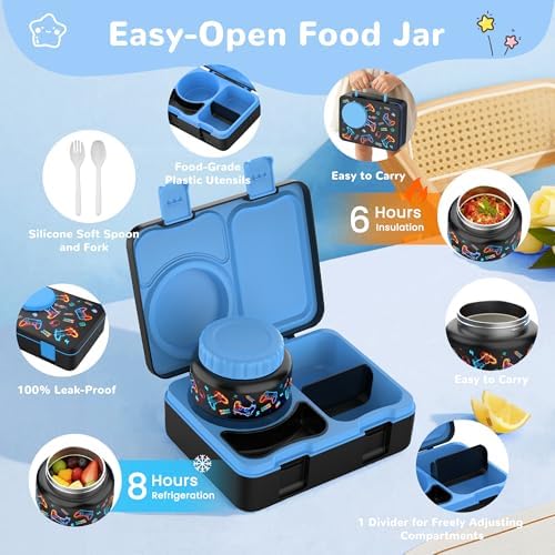 Kids Bento Lunch Box with Food Jar, Water Bottle, Lunch Bag, Game