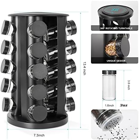 Tianifa Black Countertop Rotating Spice Rack, Round Empty 20-Jars Revolving Spice Rack Organizer, 135 Spice Labels with Funnel Complete Set, for Kitchen Countertop, Cabinet