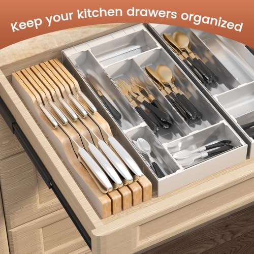 In-Drawer Knife Block Organizer - Bamboo Wood Drawer Knife Organizer-Protecting Knife Organizer Block (Not Included) (White, 9 Knives Dock)