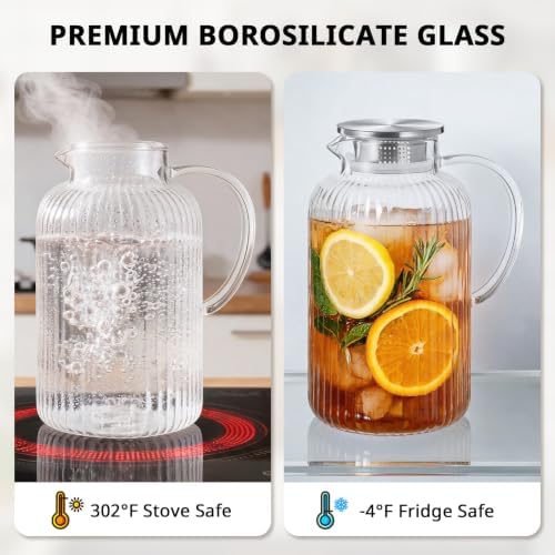 Bivvclaz 2.6 Liter 88 oz Stripes Glass Pitcher with Lid and Handle