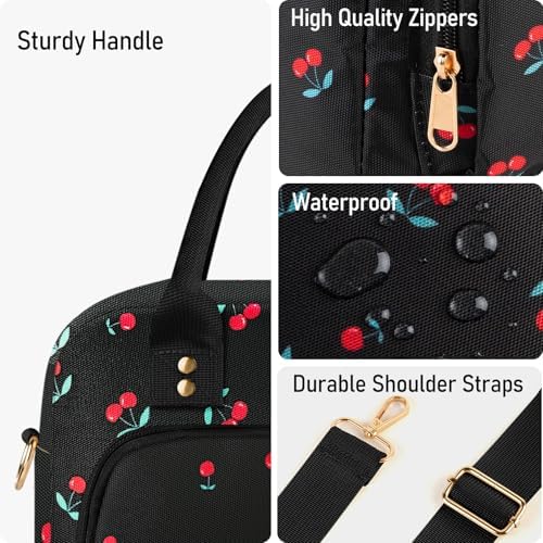 Lunch Bag Large Insulated Lunch Box for Women Men Adult Cute Cherry Lunchbox Lunch Bags Boxes Pail with Shoulder Strap for Work Mom Picnic Office Travel 11.4×6.8×9.1 inches 11.5L Black