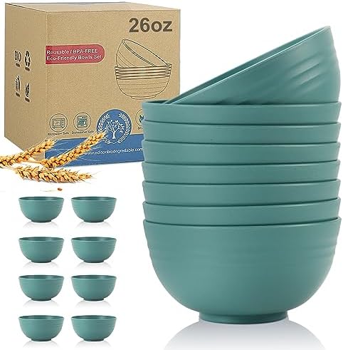 Wrova Wheat Straw Bowl Sets,8 PCS Unbreakable Cereal Bowls 26 OZ,Microwave and Dishwasher Safe Bowls,Kids Bowl suitable for cereal,salad,snack and soup (Green)
