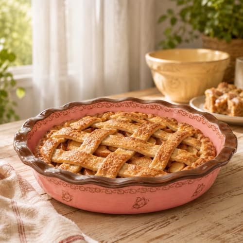 Ceramic Pie Pan for Baking, 10.6 inch Hand-Painted Pie Plate for Cooking, 37 oz Deep Dish Pie Pans, Non-Stick Pie Dishes for Apple Pie, Tart, Pizza, Quiche, Oven & Dishwasher Safe, Lead-Free, Pink