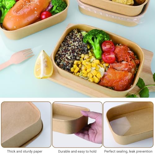 50 Sets 17oz Disposable Kraft Paper Bowls with Lids, Rectangle