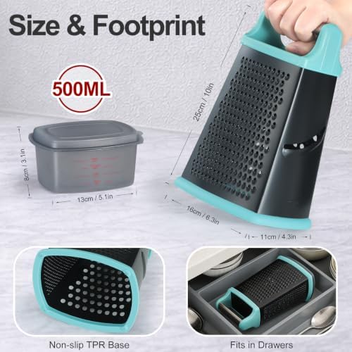 Ourokhome Cheese Grater with Handle, Stainless Steel Box Grater, 4 Side Kitchen Vegetable Shredder Slicer Zester with Container for Parmesan, Cabbage, Ginger, Lemon, Chocolate, Coconut (Teal black)