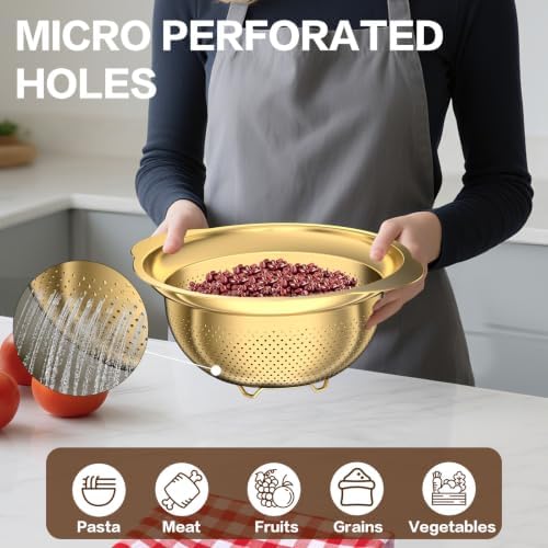 Stainless Steel Strainers for Kitchen, Stainless Steel Colander, Kitchen Strainer for Pasta Fruits Vegetables, 3 Pack Strainers and Colanders(5QT, 3QT, 2QT), Rust-Proof & Dishwasher Safe, Gold