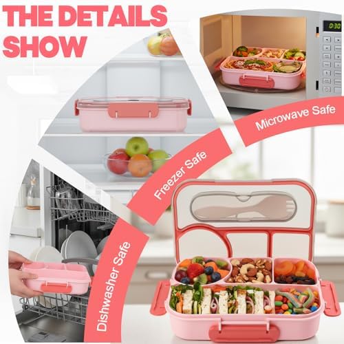 Bento Box for Adults,4 Compartments Lunch Box, Snack Containers Reusable Lunch Containers Drop-Proof, Dishwasher Safe & Made with BPA-Free Materials, Pink