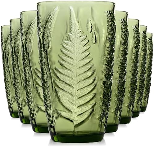 Green Drinking Glasses Set of 8, 16 oz Glass Cups, Vintage Fern Glassware