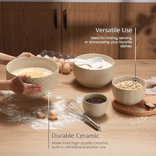 KooK Ceramic Nesting Bowls, Embossed, Oven Safe, Set of 4, Almond