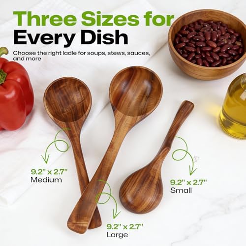 AIUHI Wooden Ladle Spoon Set, 3Size Teak Wood Ladle Spoon, Wooden Soup Spoon for Cooking, Non-Stick, Comfortable Grip for Cooking and Serving